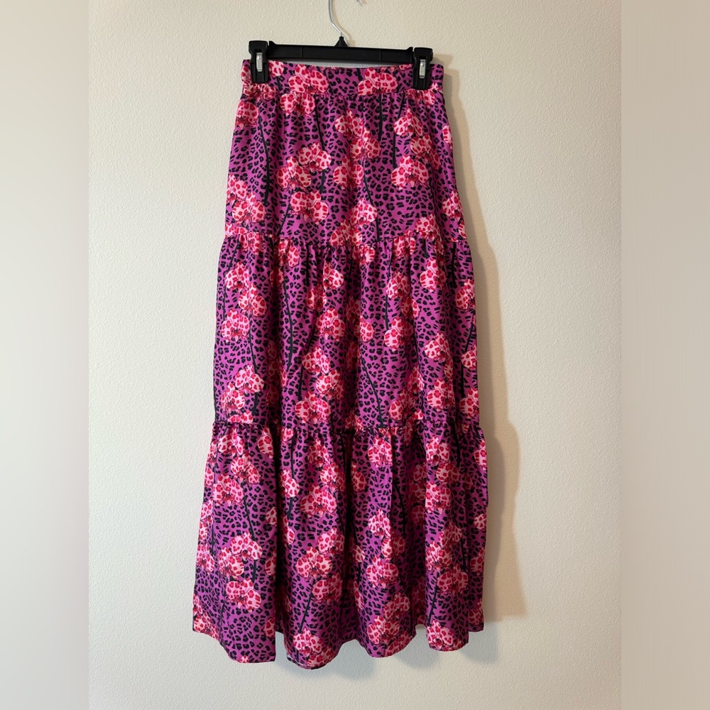 NWT - Borgo De Nor Pia Leopard Orchid Print Tiered Silk Maxi Skirt - US Size 6